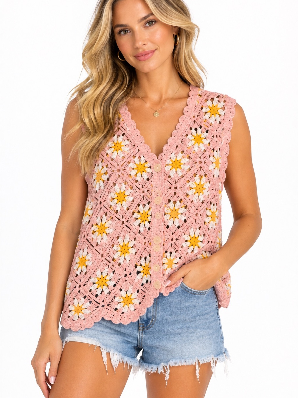 Crochet Daisy Vest Womens Boho Button-Front Top Size Medium